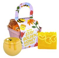 Bomb Cosmetics Geschenkset Stay Golden Honey mit Seife, Badebombe und bunter Verpackung im Körbchen