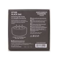 Rückseite der Verpackung der Black Oak Duftkerze mit Produktdetails, Sicherheitshinweisen und Inhaltsstoffen