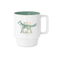 Weiße Keramiktasse mit Fuchs-Motiv und goldener Aufschrift „For Fox Sake“, grünem Innenbereich und eckigem Henkel