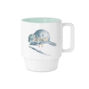 Weiße Keramiktasse mit blauer Biber-Zeichnung, goldener Aufschrift „Dam It“ und mintgrüner Innenseite von DesignWorks Ink USA