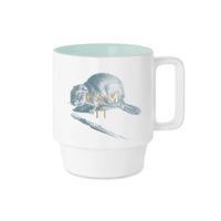 Weiße Keramiktasse mit blauer Biber-Zeichnung, goldener Aufschrift „Dam It“ und mintgrüner Innenseite von DesignWorks Ink USA