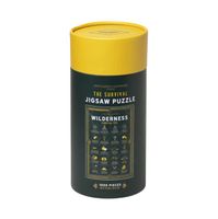 Runde Puzzleverpackung von Gentlemen’s Hardware mit Wilderness Survival Tipps, gelb-schwarzes Design