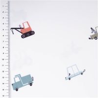Badeanzugstoff Baufahrzeuge wollweiß – bi-elastisch, recycelt, UV-Schutz | 1,50 m mit Massband