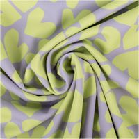 Badeanzugstoff mit gelbem Herzmuster auf lilagrauem Hintergrund – bi-elastisch, mit UV-Schutz (UPF 50) – ideal für Bademode und sportliche Outfits - kunstvoll eingedreht in Falten