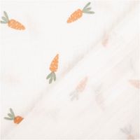 Weißer Musselin-Stoff mit niedlichem Karotten-Print – weicher Baumwollstoff, ideal für Kinderbekleidung, Accessoires und Dekoration - mit Rueckseite