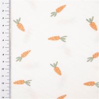92003-Musselin-Stoff-Karotten-weiss-1-35m-Breite--MG-3515.jpg Weißer Musselin-Stoff mit niedlichem Karotten-Print – weicher Baumwollstoff, ideal für Kinderbekleidung, Accessoires und Dekoration - mit Massband