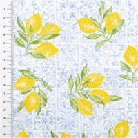 Perkalstoff „Algarve Zitronen“ – mediterraner Sommertraum in Blau-Gelb mit Massband