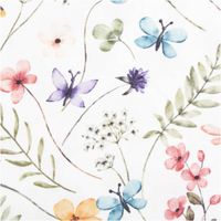 Vorhangstoff mit Leinenstruktur, weißer Hintergrund, bunt bedruckt mit Schmetterlingen und zarten Blumen in Aquarelloptik für dekorative Anwendungen - Nahansicht
