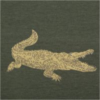 92120-Jersey-Stoff-Baumwolljersey-Krokodile-gruen-1-50m-Breite-IMG-4868.jpg Jerseystoff aus Baumwolle in Dunkelgrün mit Muster aus stilisierten Krokodilen in Beige, Grün und Grau, dehnbar und weich - Nahansicht