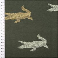 92120-Jersey-Stoff-Baumwolljersey-Krokodile-gruen-1-50m-Breite-IMG-4869.jpg Jerseystoff aus Baumwolle in Dunkelgrün mit Muster aus stilisierten Krokodilen in Beige, Grün und Grau, dehnbar und weich - mit Massband