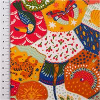 92123-Tischdeckenstoff-abwaschbar-Baumwollstoff-beschichtet-Janeiro-bunt-1-60m-Breite-IMG-4836.jpg Abwaschbarer Tischdeckenstoff aus beschichteter Baumwolle mit farbenfrohen tropischen Motiven wie Vögeln, Palmen, Früchten und Blumen in lebhaften Farben - mit Massband
