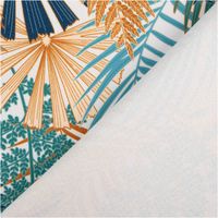 Outdoorstoff, polsterfähig und wasserabweisend, mit UV-Schutz UPF 50+, gemustert mit tropischen Blättern in Blau, Gelb und Weiß - mit Rueckseite