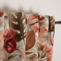orhang aus der SCHÖNER LEBEN Kollektion, maßgefertigt, mit Kolibris, exotischen Blüten und Blättern in warmen Rot-, Beige- und Grüntönen auf naturfarbenem Hintergrund - oberes Ende