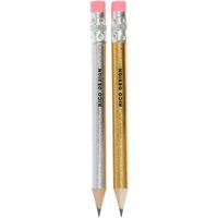 Zwei Mini-Bleistifte in Glitzer-Gold und -Silber mit rosa Radiergummi, 10 cm lang von Rico Design