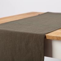 92230-Tischlaeufer-Leinen-mit-BW-Anteil-einfarbig-khakigruen-40x160cm-von-SCHoeNER-LEBEN---IMG-6551.jpg Tischläufer aus Leinen mit Baumwollanteil in einfarbigem Khakigrün, Größe 40x160 cm, dekorativ auf einem Holztisch ausgebreitet - Nahaufnahme