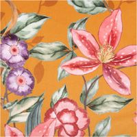 92244-Samt-Stoff-Polsterstoff-Vorhangstoff-Lilium-Blumen-ocker-gelb-1-40m-Breite-IMG-5889.jpg Samtstoff in warmem Ockergelb mit großem Blumenmuster: rote Lilien, violette Blüten und grüne Blätter, weich, edel und polsterfähig - Nahaufnahme