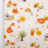 Baumwollstoff in Beige mit farbenfrohem Design: orange Füchse, gelbe Sonnen, bunte Regenbögen, Bienen und Blumen, verspieltes französisches Muster - mit Massband