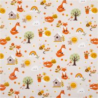 92247-Baumwollstoff-Fuechse-Bienen-Blumen-beige-orange-1-40m-Breite-IMG-5731.jpg Baumwollstoff in Beige mit farbenfrohem Design: orange Füchse, gelbe Sonnen, bunte Regenbögen, Bienen und Blumen, verspieltes französisches Muster - Vollansicht
