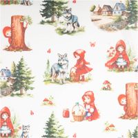 Baumwollstoff in Weiß mit detailreichem Digitaldruck: Rotkäppchen im roten Umhang mit Korb, Wolf, Waldszenen und Häusern, märchenhaftes französisches Design - Nahaufnahme