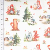 Baumwollstoff in Weiß mit detailreichem Digitaldruck: Rotkäppchen im roten Umhang mit Korb, Wolf, Waldszenen und Häusern, märchenhaftes französisches Design - mit Massband
