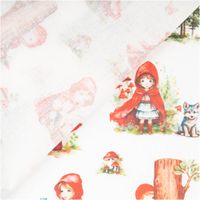 Baumwollstoff in Weiß mit detailreichem Digitaldruck: Rotkäppchen im roten Umhang mit Korb, Wolf, Waldszenen und Häusern, märchenhaftes französisches Design - mit Rueckseite