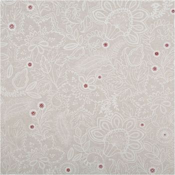 Dekostoff aus fester Baumwolle in Naturbeige mit weißen floralen Ornamenten, verziert durch kleine rote Akzente, robust, polsterfähig und vielseitig einsetzbar - Vollansicht