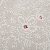 Dekostoff aus fester Baumwolle in Naturbeige mit weißen floralen Ornamenten, verziert durch kleine rote Akzente, robust, polsterfähig und vielseitig einsetzbar - Nahaufnahme