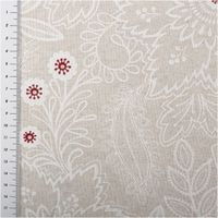 Dekostoff aus fester Baumwolle in Naturbeige mit weißen floralen Ornamenten, verziert durch kleine rote Akzente, robust, polsterfähig und vielseitig einsetzbar - mit Massband