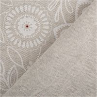 Dekostoff aus fester Baumwolle in Naturbeige mit weißen floralen Ornamenten, verziert durch kleine rote Akzente, robust, polsterfähig und vielseitig einsetzbar - mit Rueckseite