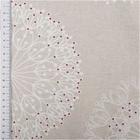 92268-Baumwollstoff-Dekostoff-polsterfaehig-Ornamente-natur-weiss-rot-155cm-Breite-IMG-5726.jpg Dekostoff aus fester Baumwolle in Naturbeige mit ornamentalen Mandala-Motiven in Weiß, akzentuiert durch kleine rote Punkte, robust und polsterfähig - mit Massband