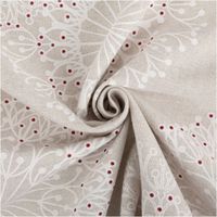 92268-Baumwollstoff-Dekostoff-polsterfaehig-Ornamente-natur-weiss-rot-155cm-Breite-IMG-5727.jpg Dekostoff aus fester Baumwolle in Naturbeige mit ornamentalen Mandala-Motiven in Weiß, akzentuiert durch kleine rote Punkte, robust und polsterfähig - kunstvoll eingedreht in Falten