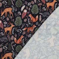 Baumwoll-Sweatstoff Forest Animals, dunkelblau mit Waldtier-Motiv, umgeschlagen zur Ansicht der hellen Rückseite.