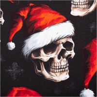 French Terry Stoff in Schwarz mit auffälligem Weihnachtsmotiv: cremefarbene Totenköpfe mit roten Nikolausmützen und weißen Fellkanten, markant und außergewöhnlich - Nahaufnahme