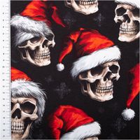 92431-French-Terry-Weihnachtsstoff-Skulls-Totenkoepfe-schwarz-rot-145cm-IMG-6700.jpg French Terry Stoff in Schwarz mit auffälligem Weihnachtsmotiv: cremefarbene Totenköpfe mit roten Nikolausmützen und weißen Fellkanten, markant und außergewöhnlich - mit Massband