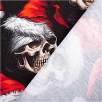 92431-French-Terry-Weihnachtsstoff-Skulls-Totenkoepfe-schwarz-rot-145cm-IMG-6702.jpg French Terry Stoff in Schwarz mit auffälligem Weihnachtsmotiv: cremefarbene Totenköpfe mit roten Nikolausmützen und weißen Fellkanten, markant und außergewöhnlich -mit Rueckseite