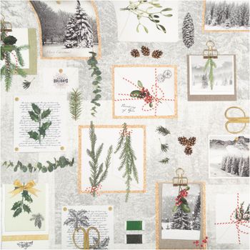 Baumwollstoff Weihnachtsdesign grau: Tannenzweige, Mistelzweige, Kiefernzapfen, Geschenkanhänger und Winterlandschaften in Collage-Optik mit goldenen und roten Akzenten - Vollansicht