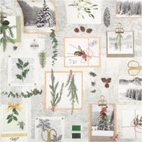 Baumwollstoff Weihnachtsdesign grau: Tannenzweige, Mistelzweige, Kiefernzapfen, Geschenkanhänger und Winterlandschaften in Collage-Optik mit goldenen und roten Akzenten - Vollansicht
