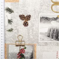 Baumwollstoff Weihnachtsdesign grau: Tannenzweige, Mistelzweige, Kiefernzapfen, Geschenkanhänger und Winterlandschaften in Collage-Optik mit goldenen und roten Akzenten - mit Massband Zapfenmotiv