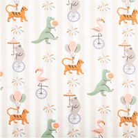 92441-Baumwollstoff-Fete-Dino-Tiger-Flamingo-Baer-Streifen-1-47m-Breite-IMG-6663.jpg Baumwollstoff mit dezenten Streifen in Beige und Weiß, verziert mit bunten Motiven: grüne Dinosaurier, orange Tiger, rosa Flamingos und graue Bären - Vollansicht