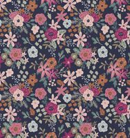 Flach ausgebreiteter Brigitte-Stoff in Dunkelblau mit kleinen Blüten in Rosa, Hellblau und Altrosa