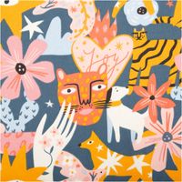 92447-Baumwollstoff-Joy-Tiger-Taube-Blume-Herz-blau-rosa-gelb-1-47m-Breite-IMG-6844.jpg aumwollstoff mit buntem Design: gelber Tiger, Leopardenkopf, weiße Hunde, rosa Blumen und Herz mit Joy-Schriftzug auf dunkelblauem Hintergrund - Nahaufnahme