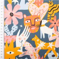 92447-Baumwollstoff-Joy-Tiger-Taube-Blume-Herz-blau-rosa-gelb-1-47m-Breite-IMG-6846.jpg aumwollstoff mit buntem Design: gelber Tiger, Leopardenkopf, weiße Hunde, rosa Blumen und Herz mit Joy-Schriftzug auf dunkelblauem Hintergrund - mit Massband