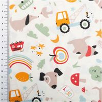 92448-Baumwollstoff-Snoop-Hunde-Fahrzeuge-beige-bunt-1-47m-Breite-IMG-6616.jpg Baumwollstoff in Beige mit buntem Kindermotiv: fröhliche Hunde, gelbe Autos, rote Busse, Regenbögen, Wolken und Sterne, farbenfrohes, verspieltes Design - mit Massband