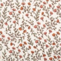 Baumwoll-Musselin in Beige mit feinem Allover-Muster: kleine rote und orange Blumen mit grünen Blättern, luftig, leicht und verspielt - Nahaufnahme