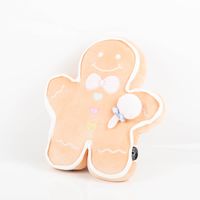 Weiches Weihnachtskissen in Form eines Lebkuchenmanns aus super softem Spandex-Plüsch, verziert mit rosa Fliege, bunten Herzknöpfen und einer Lutscher-Applikation, Größe 35x40x6 cm - seitliche Aufnahme