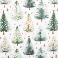 Baumwoll-Popeline mit Digitaldruck, Weihnachtsstoff in Weiß, grüne Tannenbäume mit Schneeeffekt, roten Sternen und zarten Winterakzenten - Vollansicht