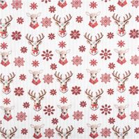 Baumwoll-Popeline mit Digitaldruck, Weihnachtsstoff in ecru, rote Schneeflocken und Hirschköpfe mit Geweih oder Schleifen, festliches Design - Vollansicht