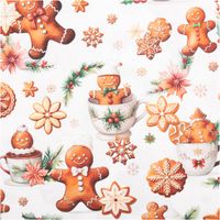Baumwoll-Popeline Digitaldruck, Weihnachtsstoff in Ecru mit fröhlichen Lebkuchenmännern, Keksen, Schneeflocken, Tassen und weihnachtlichen Blütenmotiven in Braun und Rot - Nahaufnahme