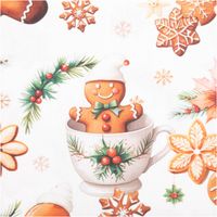 Baumwoll-Popeline Digitaldruck, Weihnachtsstoff in Ecru mit fröhlichen Lebkuchenmännern, Keksen, Schneeflocken, Tassen und weihnachtlichen Blütenmotiven in Braun und Rot - Detailaufnahme