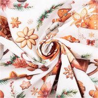 Baumwoll-Popeline Digitaldruck, Weihnachtsstoff in Ecru mit fröhlichen Lebkuchenmännern, Keksen, Schneeflocken, Tassen und weihnachtlichen Blütenmotiven in Braun und Rot - kunstvoll eingedreht in Falten